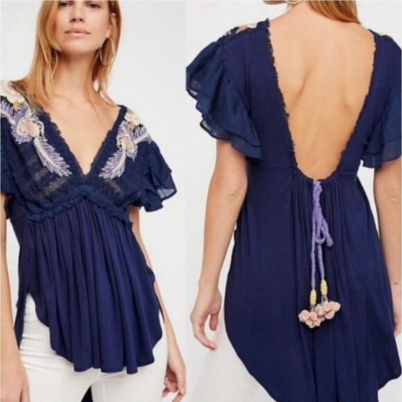 Free People Tops - Free People Fiesta Nueva Blue Embroidered Tunic Top Bohemian NWT Size M